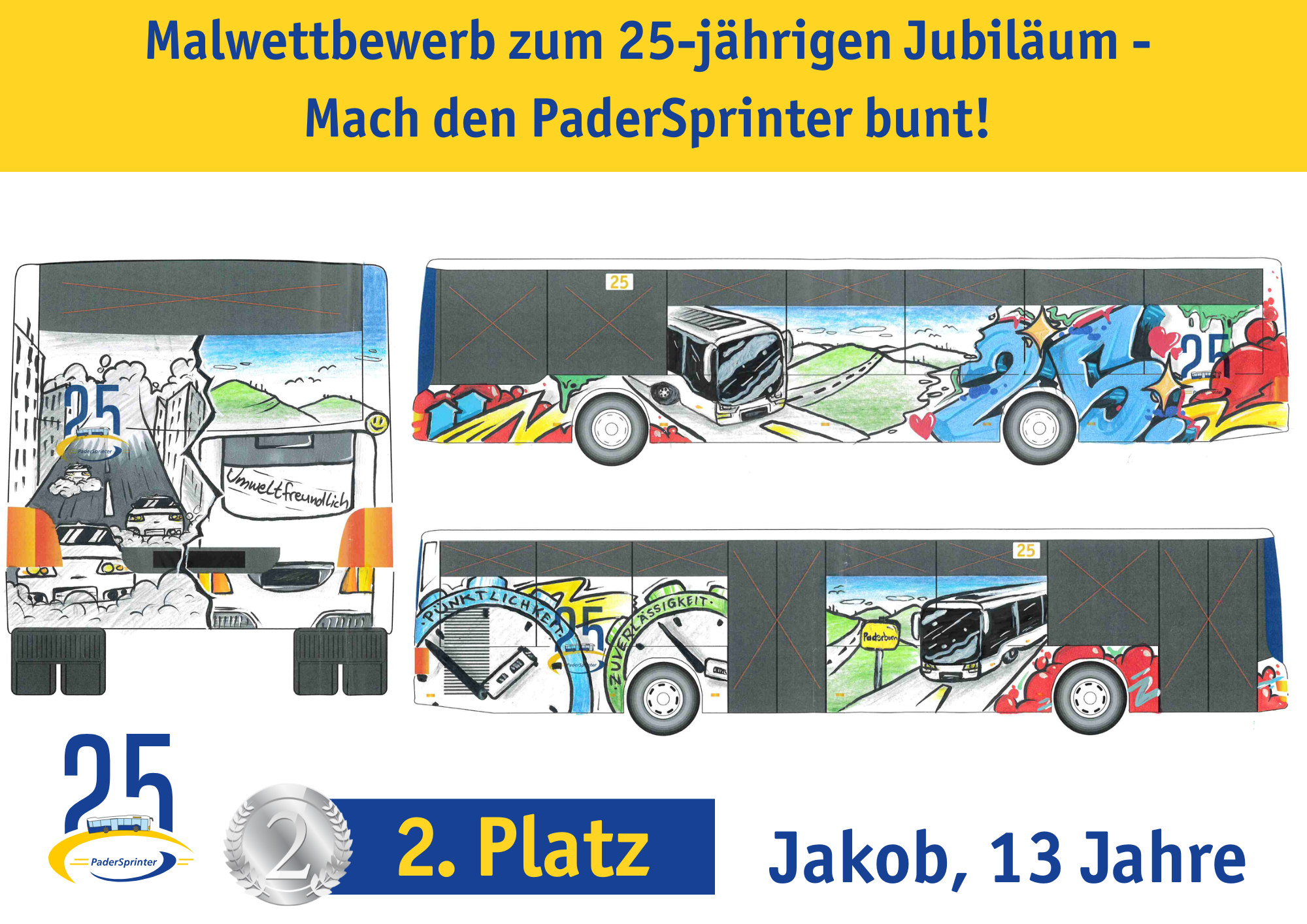 Übersicht des Malwettbewerbs-Entwurfs von Jakob für den PaderSprinter Jubiläumsbus, der einen Bus mit Graffiti, Uhrwerken, Straßen und der Zahl 25 zeigt, ausgezeichnet als 2. Platz.