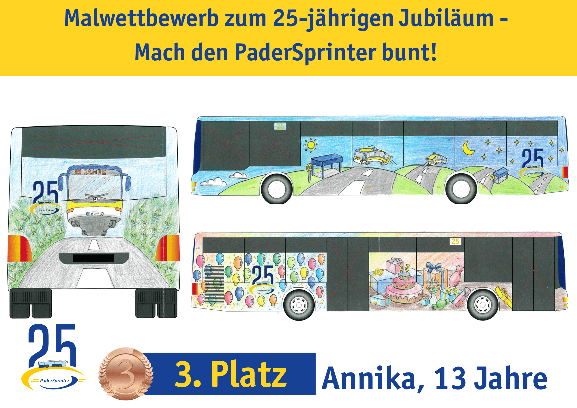 Übersicht des Malwettbewerbs-Entwurfs von Annika für den PaderSprinter Jubiläumsbus, der einen Bus mit Geschenken, Ballons, Sternen und der Zahl 25 zeigt, ausgezeichnet als 3. Platz.