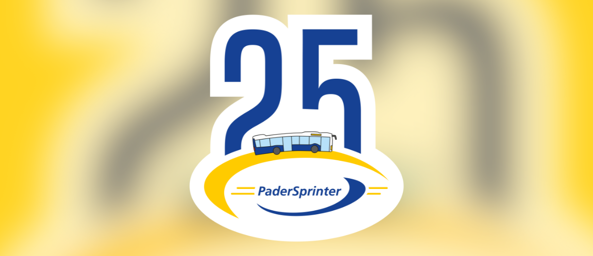 Beitrag der auf 25 Jahre PaderSprinter hinweist im vordergrund ist eine 25 und das PaderSprinter Logo sowie ein Bus der zwischen der 25 und dem Logo fährt. Im Hintergrund ist nocheinmal verschwommen eine große 25 mit gelben Hintergrund zu sehen.