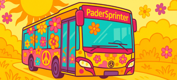 Eine gelbe Grafik im Flower-Power-Stil mit einem PaderSprinter-Bus