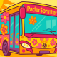 Eine gelbe Grafik im Flower-Power-Stil mit einem PaderSprinter-Bus