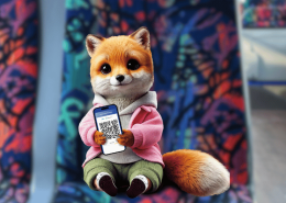 Ein Fuchs sitzt in einem öffentlichen Bus. Er trägt einen weißen Pullover, darüber eine dünne Pinke Jacke und eine grüne Hose. In der Hand hält er ein Smartphone mit einem QR Code.