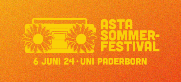 Eine orangene Grafik mit dem Text "Asta Sommerfestival, 06. Juni 2024, Uni Paderborn"