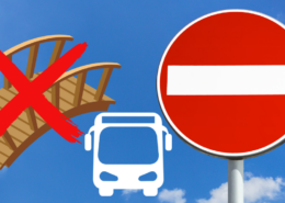 Durchgestrichenen Brücke, ein Bus und ein Durchfahrt-Verboten-Schild