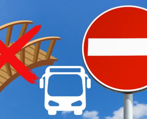 Durchgestrichenen Brücke, ein Bus und ein Durchfahrt-Verboten-Schild