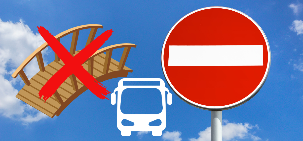 Durchgestrichenen Brücke, ein Bus und ein Durchfahrt-Verboten-Schild