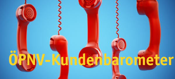 Blauer Hintergrund mit roten, herabhängenden Telefonhörern und Aufschrift "ÖPNV-Kundenbarometer"
